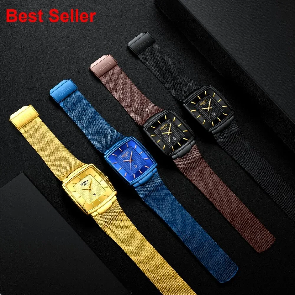 Square Analog Quartz Stainless Steel Watch Mesh Strap Waterproof Business